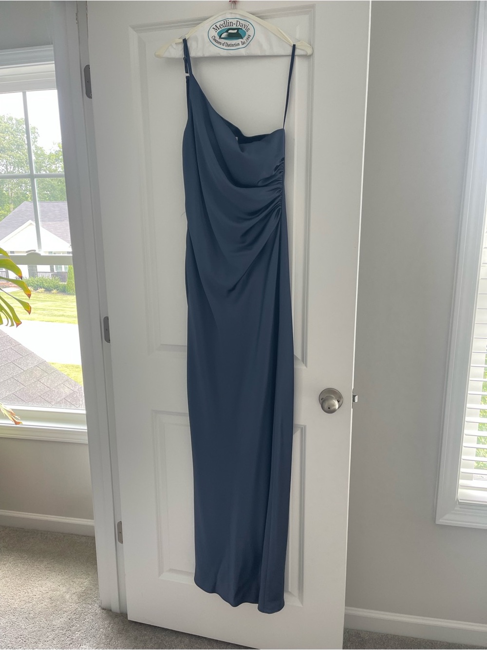 Revelry Jade Satin Dress in Indie Blue